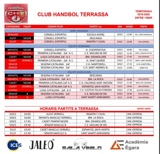 Horaris dels partits dels equips del Club Handbol Terrassa del 29 de Febrer i 1 Març