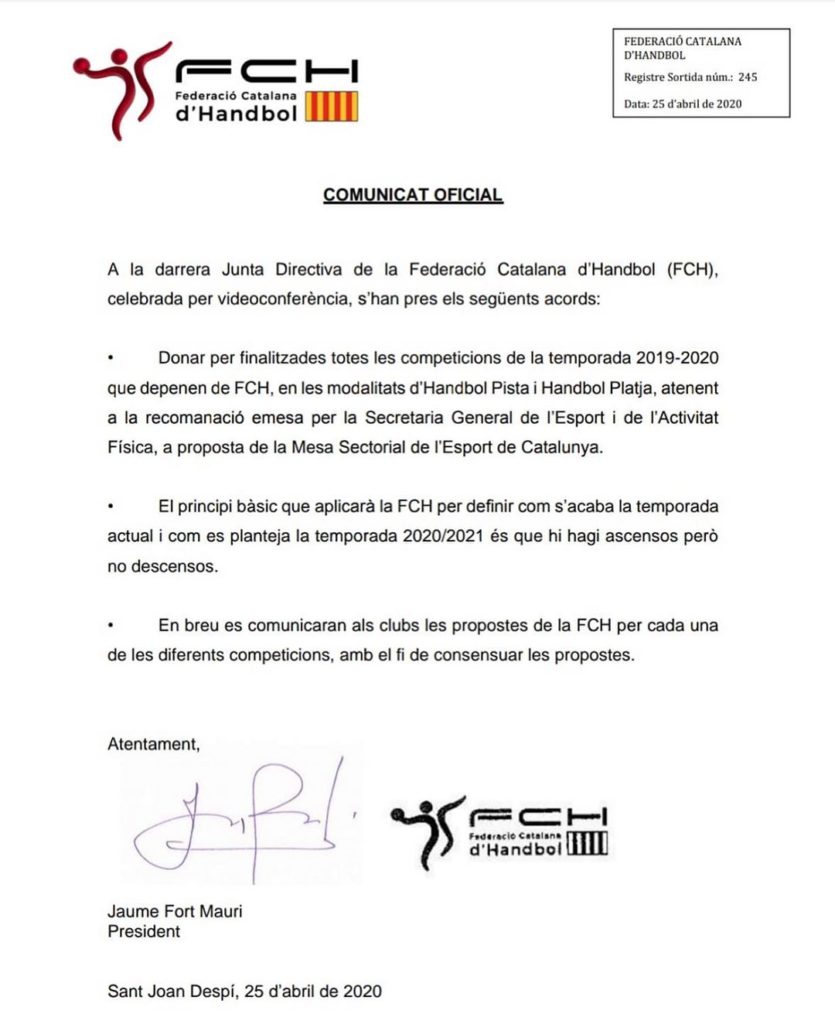 Comunicat Oficial Federació Catalana d'Handbol